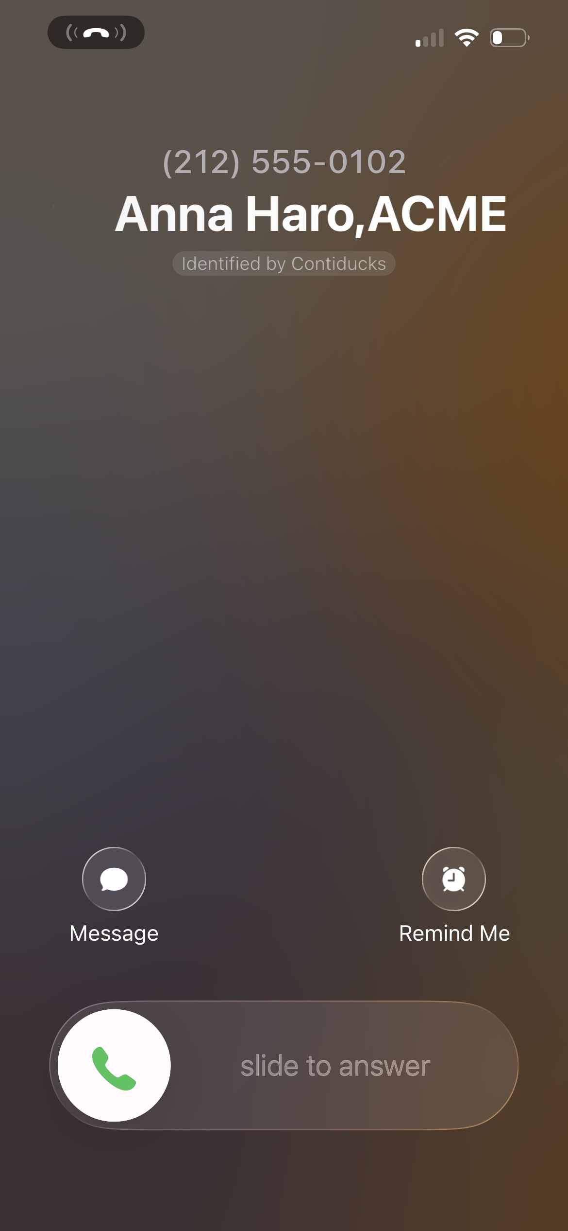 iPhone incoming call screen showing Anna Haro, ACME, identified by Contiducks