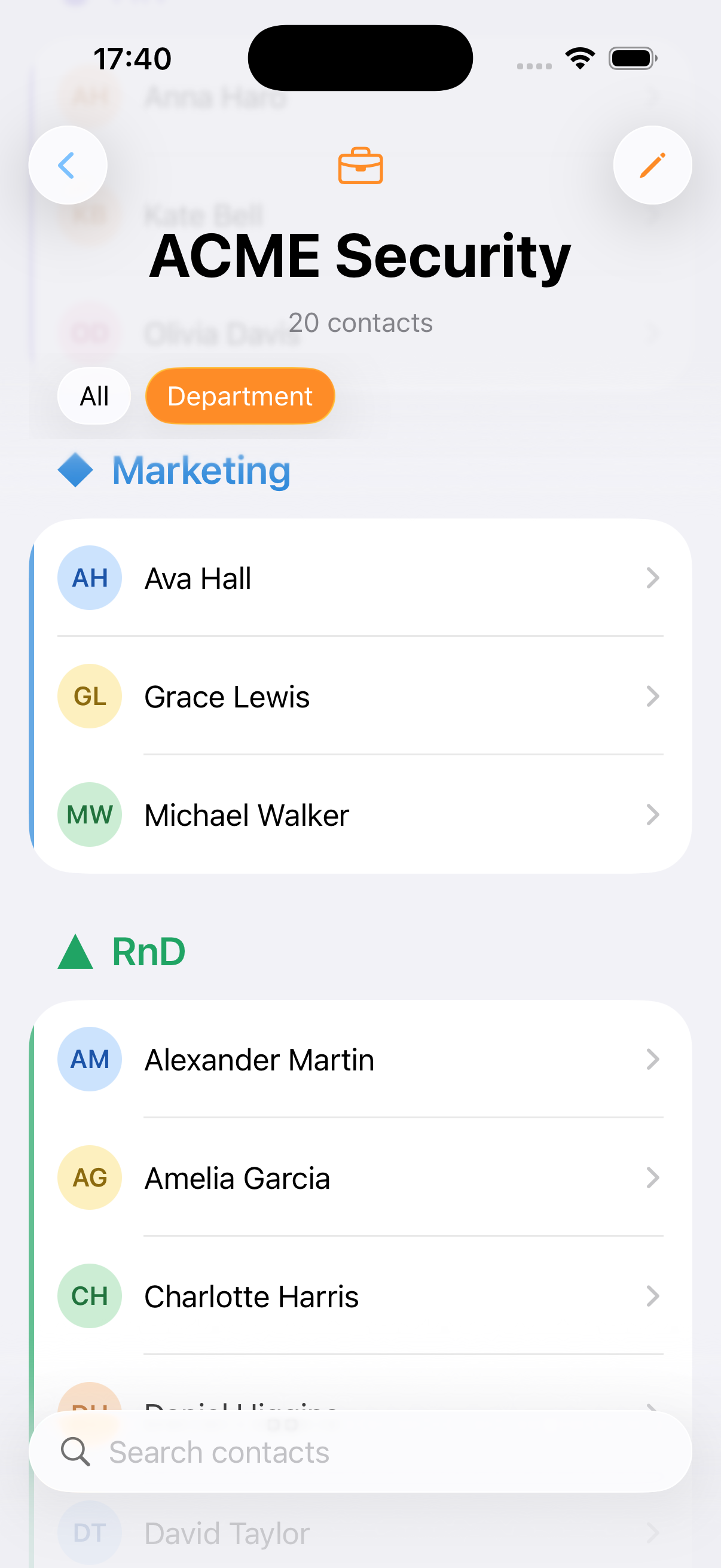 Contiducks contact list grouped by department, showing Marketing and RnD team members